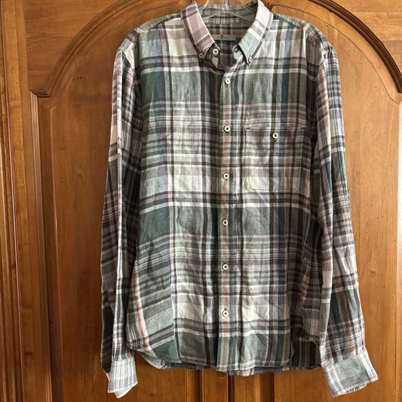 7 For All Mankind linen plaid button down shirt Men's M medium 7FAM - Picture 4 of 9